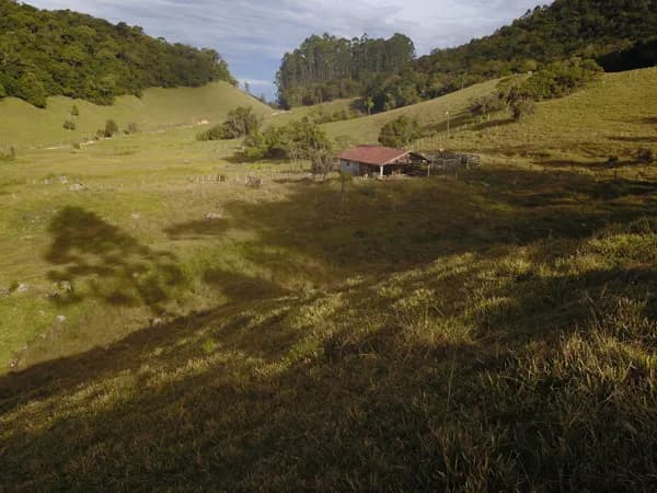 Terreno com grande área plana, pastagens, açude e nascentes.