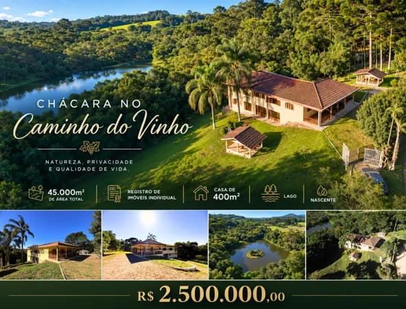 Chácara no Caminho do Vinho 45.375 m² Com Lago e Rio nos Fundos