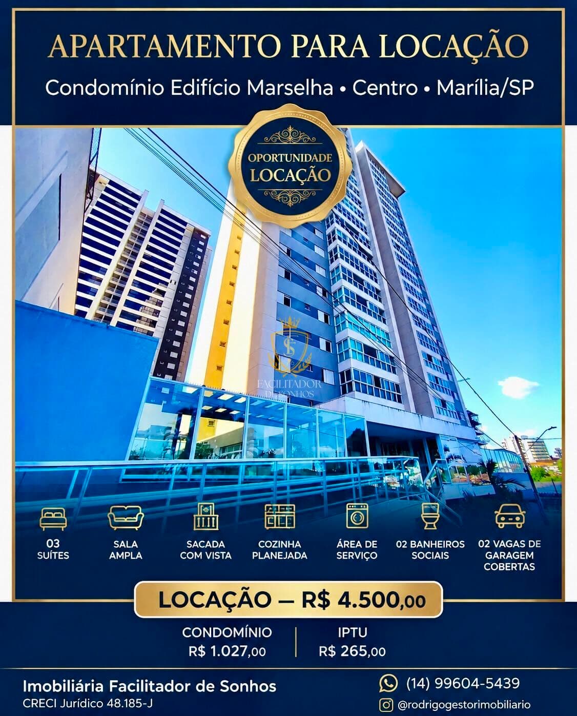 artamento para Locação – Condomínio Edifício Marselha | Centro de Marília/SP