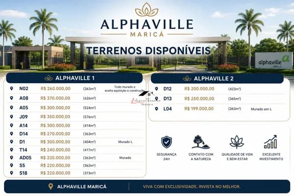 🏡 TERRENOS À VENDA NO ALPHAVILLE MARICÁ 🏡 Realize o sonho de construir sua casa em um dos condomínios mais desejados e valorizados de Maricá! ✨ Lotes disponíveis no Alphaville 1 e Alphaville 2