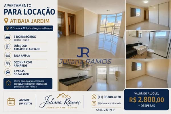 Apartamento para alugar, 3 dors. Atibaia Jardim, Atibaia/SP