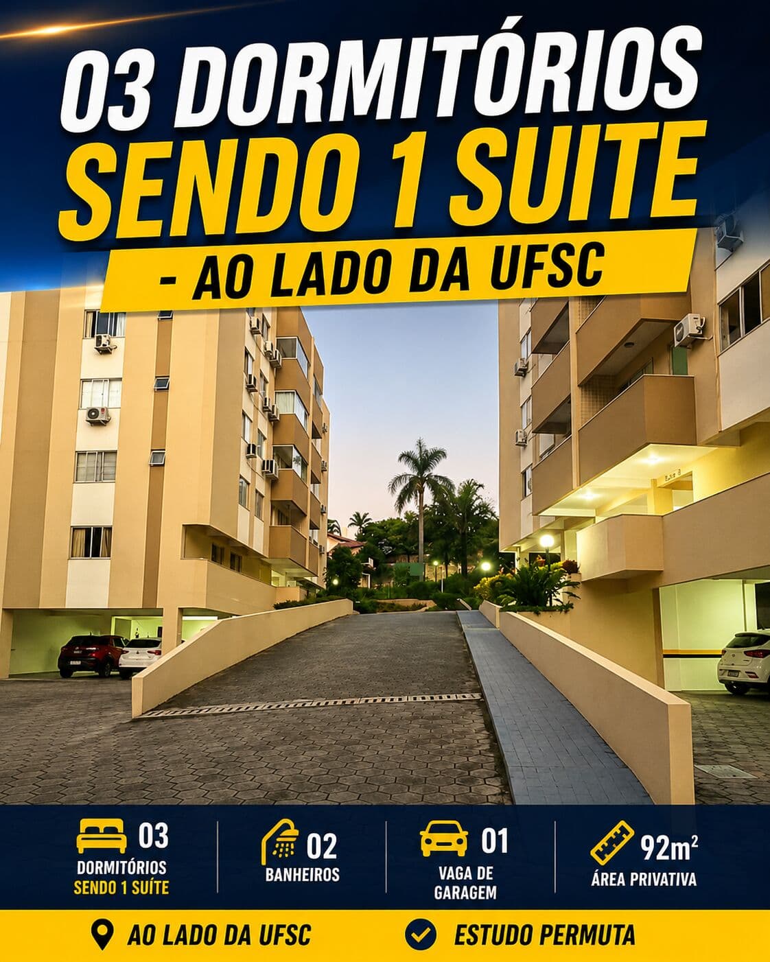 APARTAMENTO MOBILIADO AO LADO DA UFSC | 3 QUARTOS (1 SUÍTE) | 92m² | ESTUDA PERMUTA