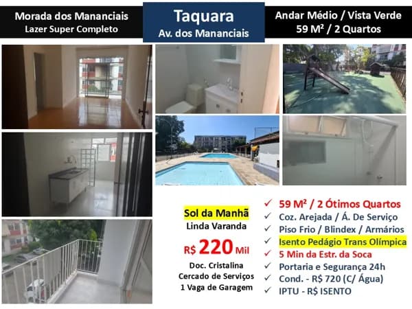 Apto JPA Taquara Mananciais Morada dos Mananciais 59M²