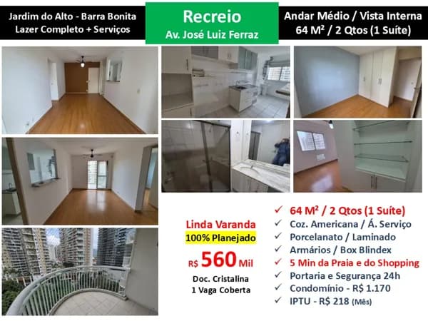 Apto Recreio Barra Bonita Jardim do Alto 64M²