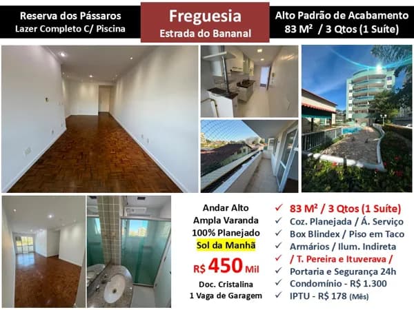 Apto JPA Freguesia Bananal Reserva dos Pássaros 83M²