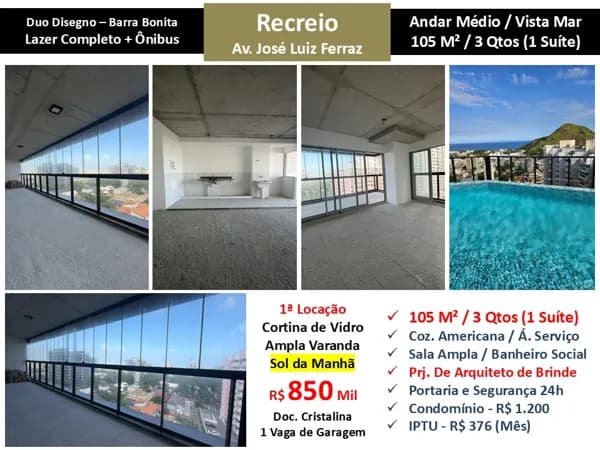Apto Recreio Barra Bonita Duo Disegno 105M²