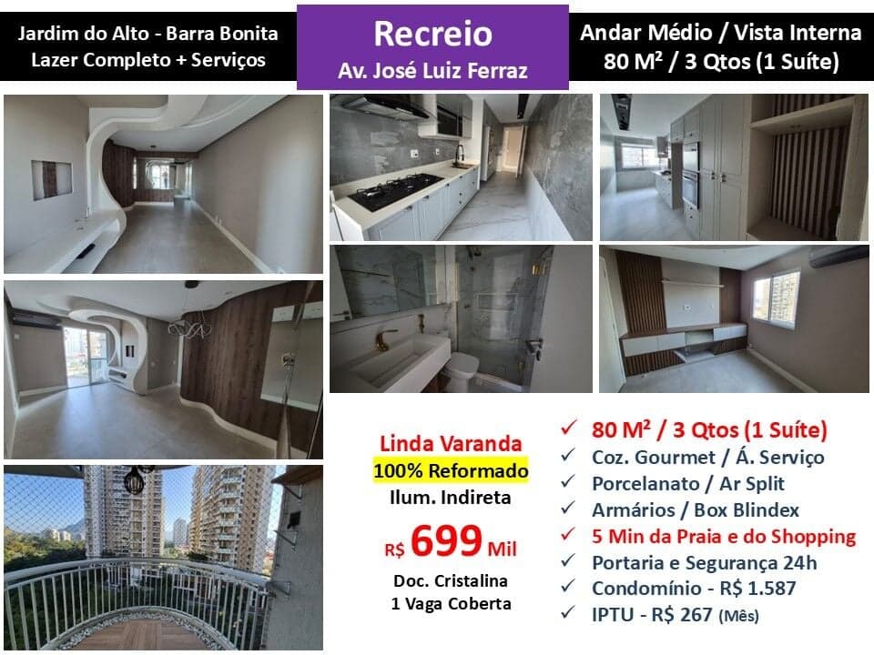Apto Recreio Barra Bonita Jardim do Alto 80M²