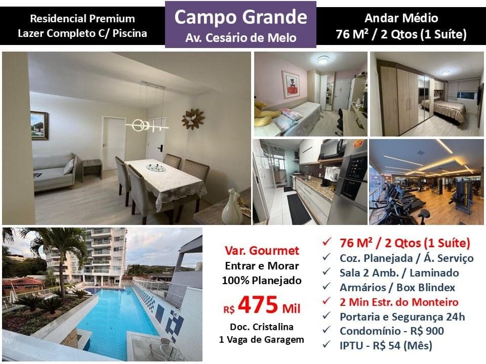 Apto Campo Grande Cesário de Melo Residencial Premium 76M²