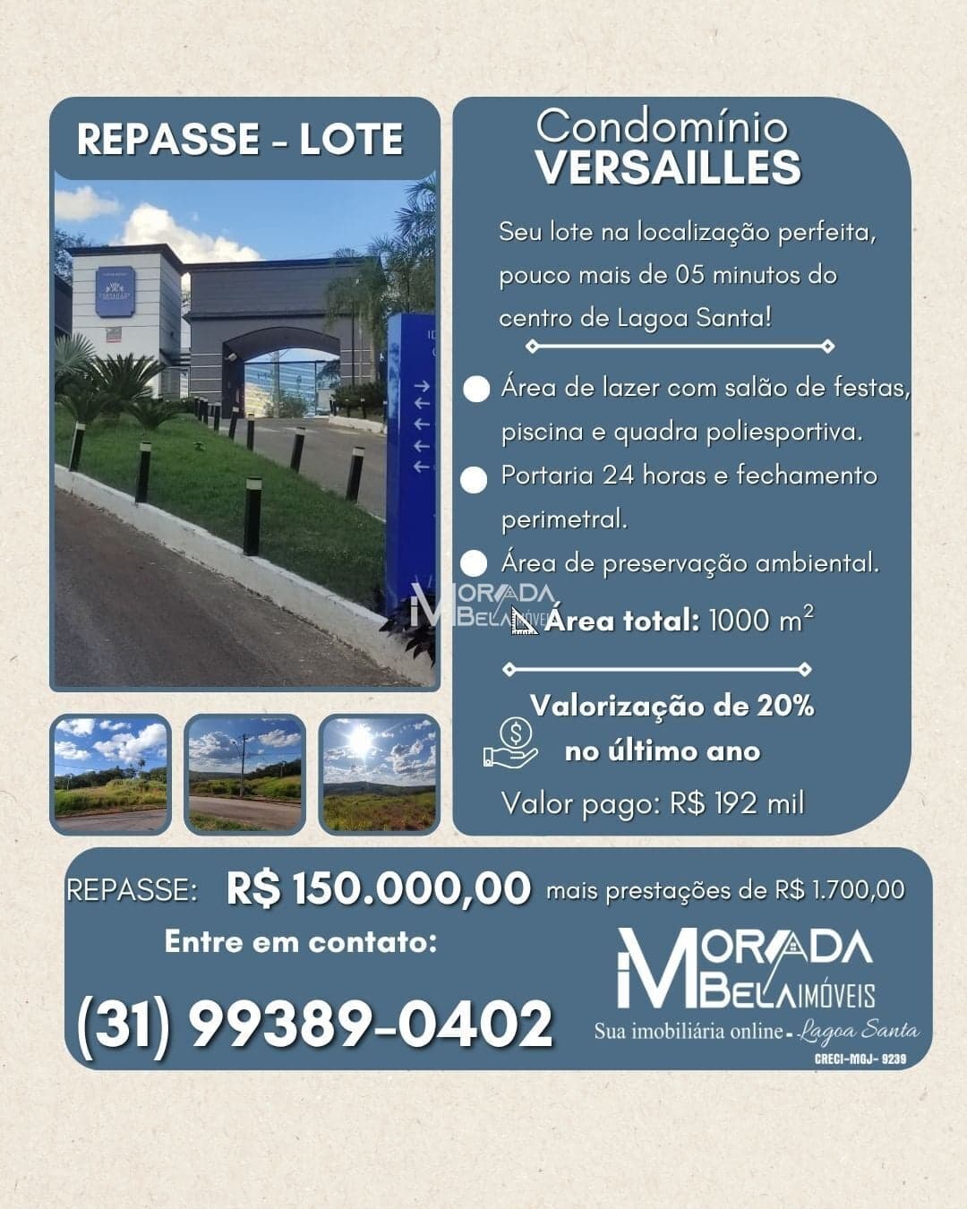 Lote de 1.000m² REPASSE - no Condomínio Versailles Ville de France- Lagoa Santa-MG
