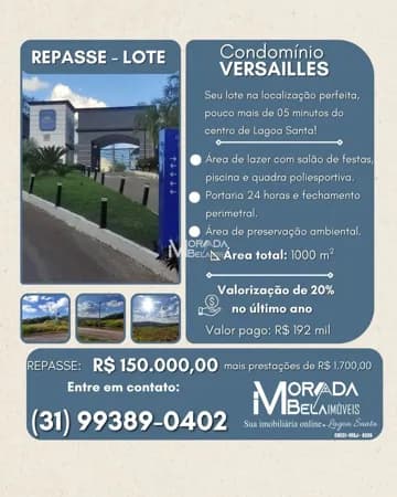 Lote de 1.000m² REPASSE - no Condomínio Versailles Ville de France- Lagoa Santa-MG