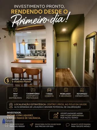 Apartamento à Venda no Centro de Campinas: 1 Dormitório, Mobiliado e com Renda no Edifício Plátano