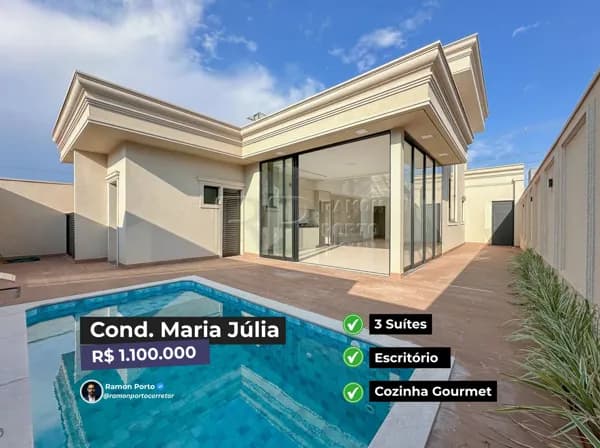 Casa nova para venda com 3 suítes, piscina e escritório no Condomínio Maria Julia