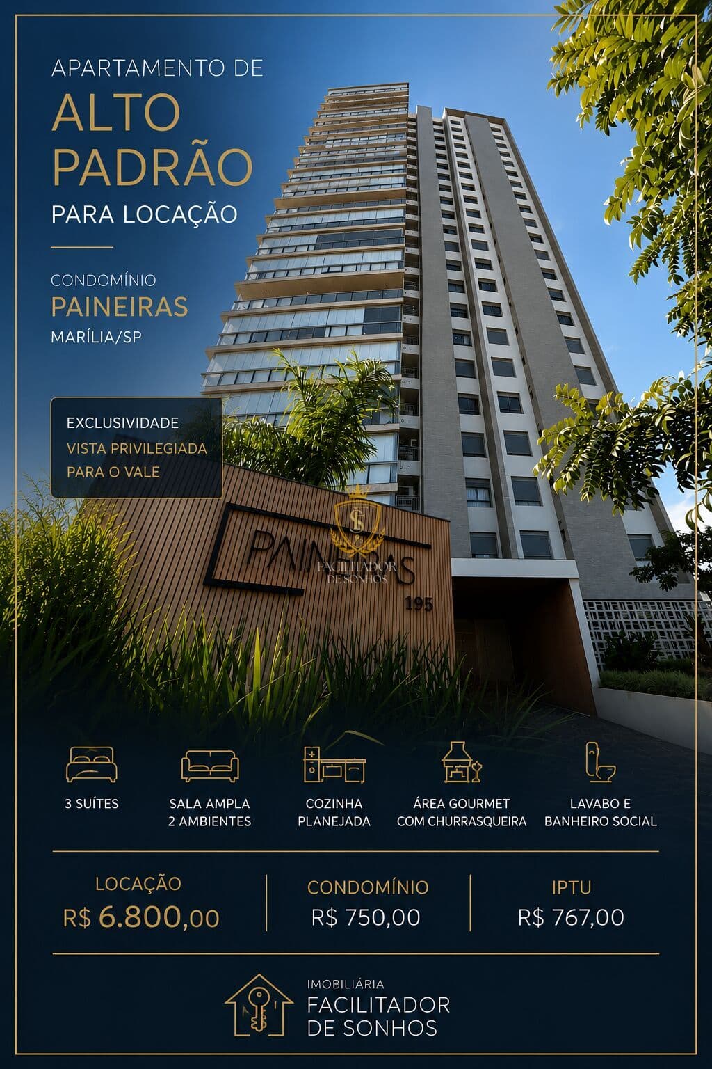 APARTAMENTO DE ALTO PADRÃO PARA LOCAÇÃO – CONDOMÍNIO PAINEIRAS | MARÍLIA/SP