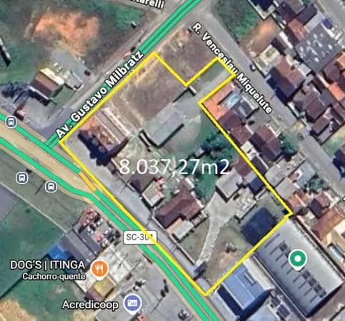 Terreno de Esquina Comercial à Venda – Itinga - Araquari/SC 7.436,00 m2 Avenida Prefeito Alberto Natalino Miguelute