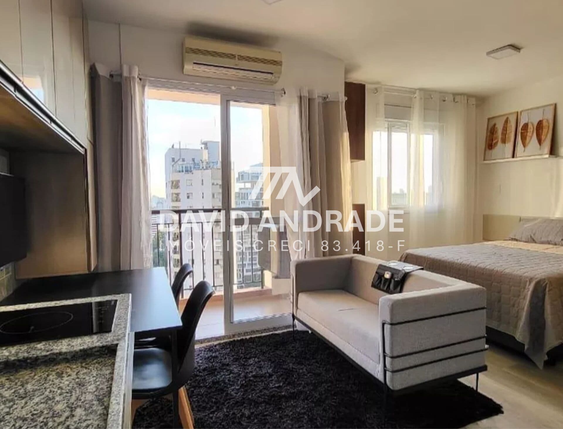 Belíssimo studio com 27m², mobiliado, moderno, ar condicionado, bem iluminado e áreas de lazer
