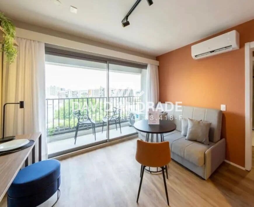 Belíssimo studio com 43m², mobiliado, ampla varanda, ar condicionado, amplo living e áreas de lazer
