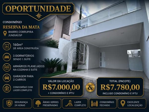 Casa Sobrado para locação no Condomínio Reserva da Mata | Jundiaí/SP