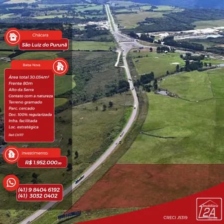Chácara ALTO DA SERRA próximo ao pedágio de São Luiz do Purunã