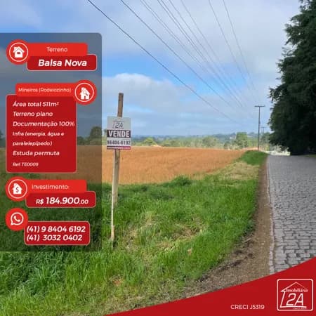 Excelente Terreno Urbano com 510,12 m² em Balsa Nova – Bairro Mineiros