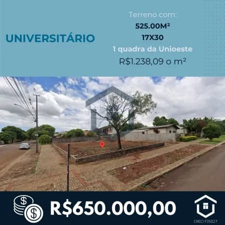 Terreno 1 quadra da unioeste