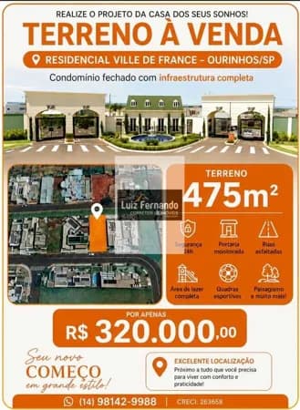 Terreno em Condomínio em Residencial Ville de France, Ourinhos/SP