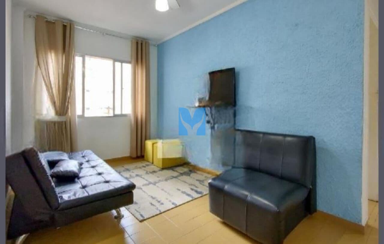 Apartamento com sacada, vista parcial do Mar, mobiliado à venda no bairro Tupi em Praia Grande, SP. 1 dormitório!
