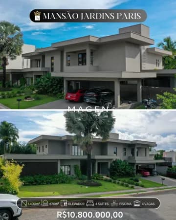 Casa de alto padrão no Condomínio Jardins Paris – lote de 1.400 m², área construída de 670 m², com 4 suítes, em Goiânia/GO.