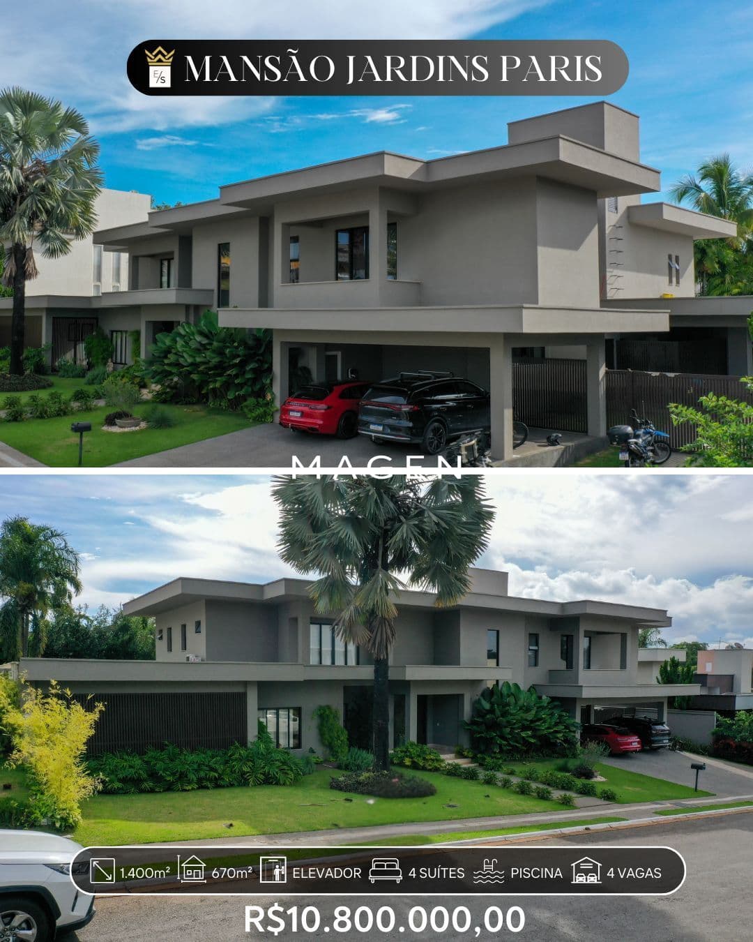 Casa de alto padrão no Condomínio Jardins Paris – lote de 1.400 m², área construída de 670 m², com 4 suítes, em Goiânia/GO.