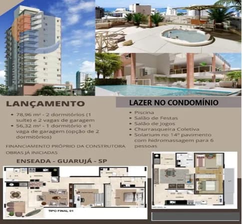 Apartamentos com 1 a 2 quartos, 56,32 a 78,96 m²- Praia da Enseada - Guarujá/SP