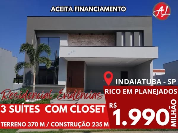 Casa Térrea Com 3 Suítes A Venda - Condomínio Residencial Evidências, Indaiatuba - SP!