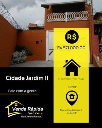 Sobrado de 190 m² c/ 3 dorms /1 suíte/ 5 vagas Loc. Parque Cidade Jardim II,Jundiaí-SP