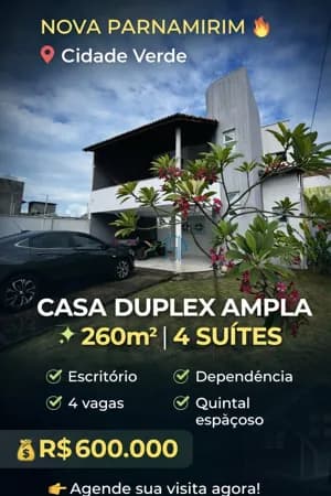 Casa Duplex/CASA DUPLEX AMPLA À VENDA | 260m² | 4 SUÍTES | CIDADE VERDE – NOVA PARNAMIRIM