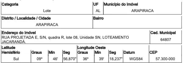 Terreno Lote ARAPIRACA