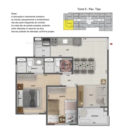 Apto 2 quartos 1 suite varanda e vaga na planta Metropolitan Dream