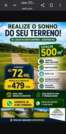 Terreno à Venda, 500 m2, R$ 72 mil, Lagoa de Santo Antônio,Jequitibá, MG