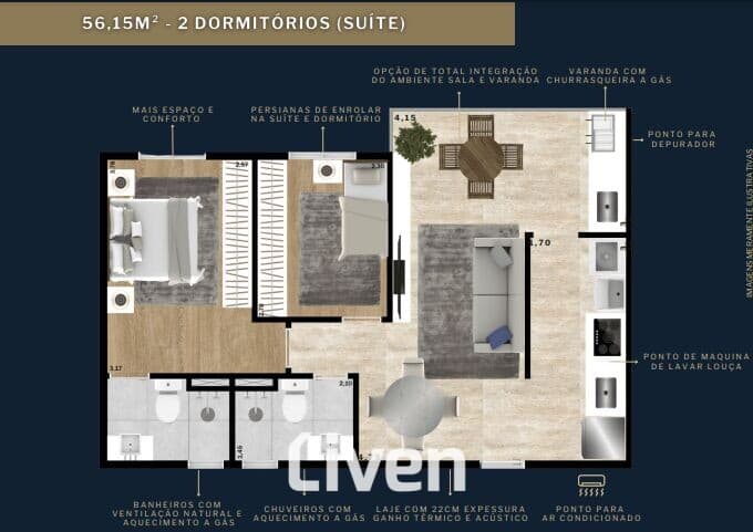 APARTAMENTO À VENDA COM 2 QUARTOS, 56M²