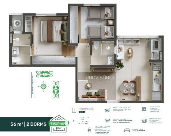 APARTAMENTO À VENDA COM 2 QUARTOS, 56M²