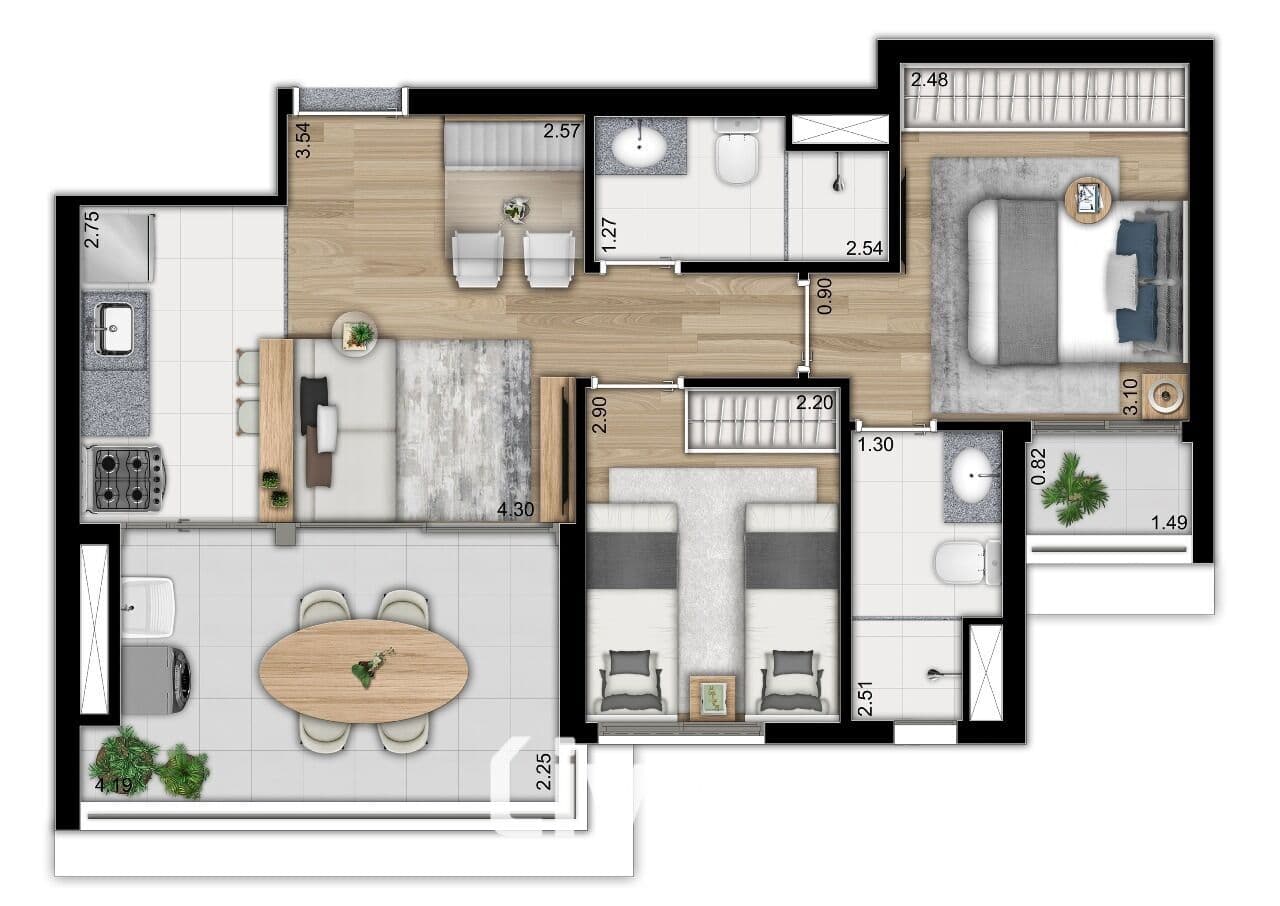 APARTAMENTO À VENDA COM 2 QUARTOS, 56M²