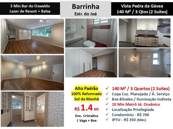 Apto Barra da Tijuca Barrinha Estr. do Joá 140M²