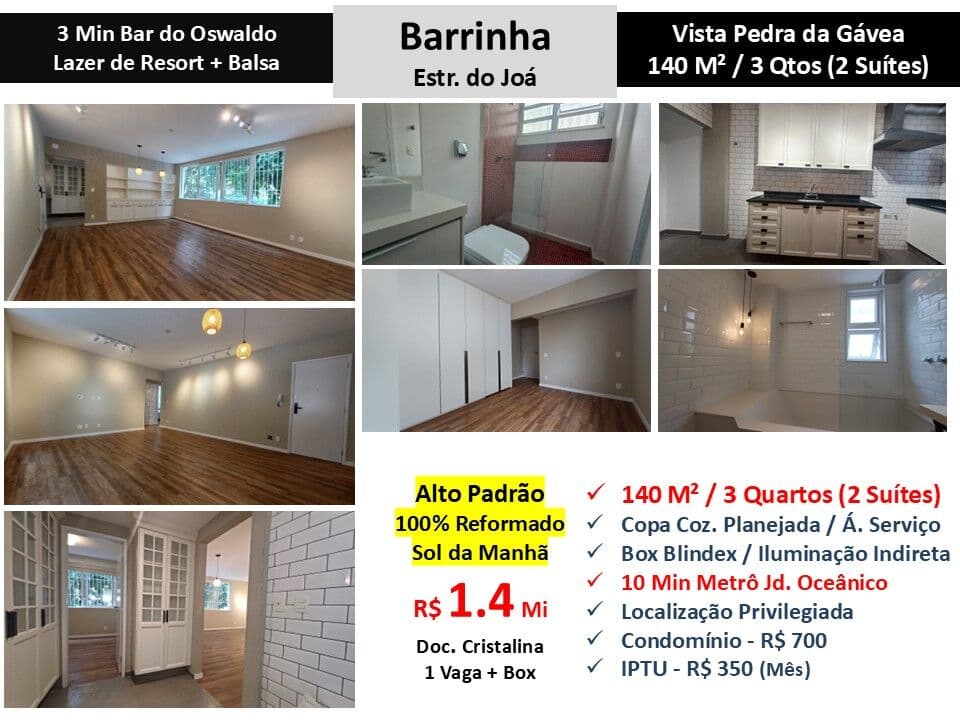 Apto Barra da Tijuca Barrinha Estr. do Joá 140M²