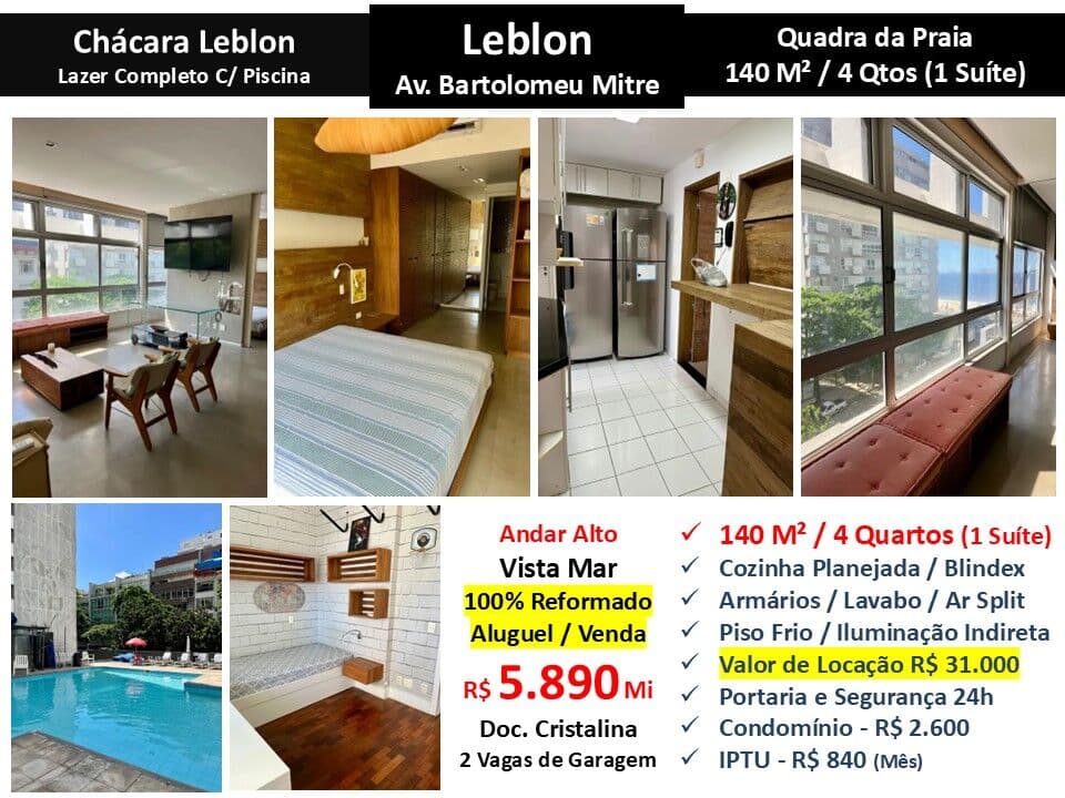 Apto Leblon Bartolomeu Mitre Chácara Leblon 140M²