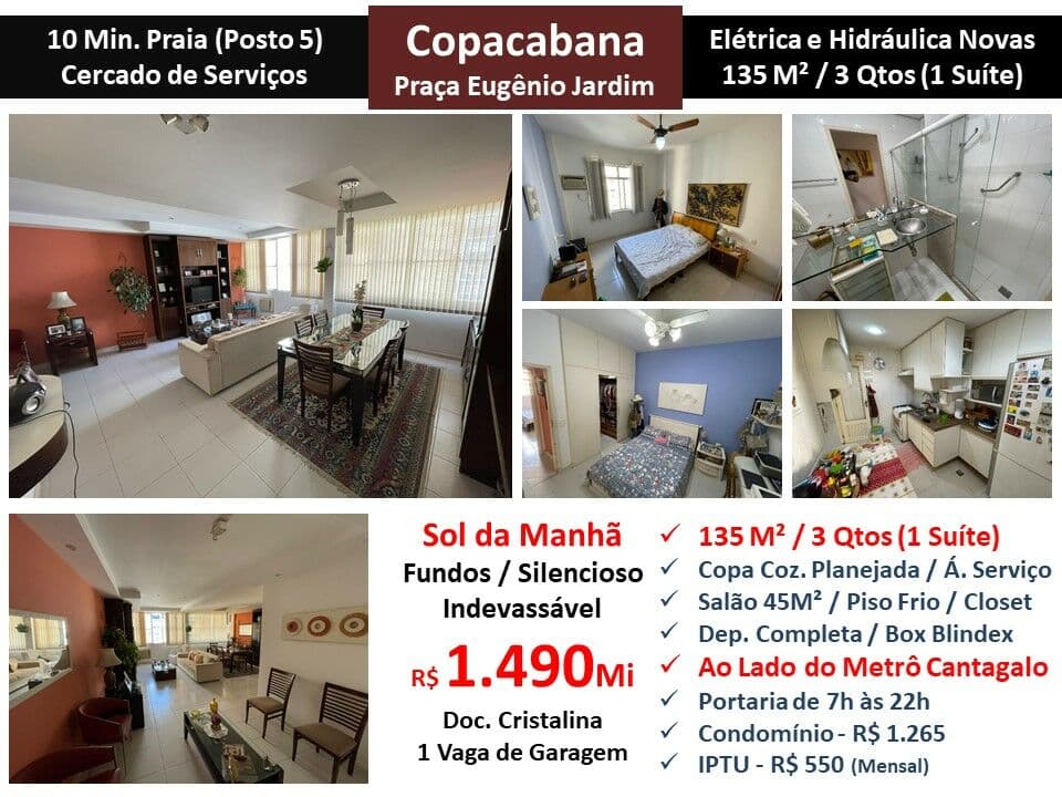 Apto Copacabana Praça Eugênio Jardim 135M²