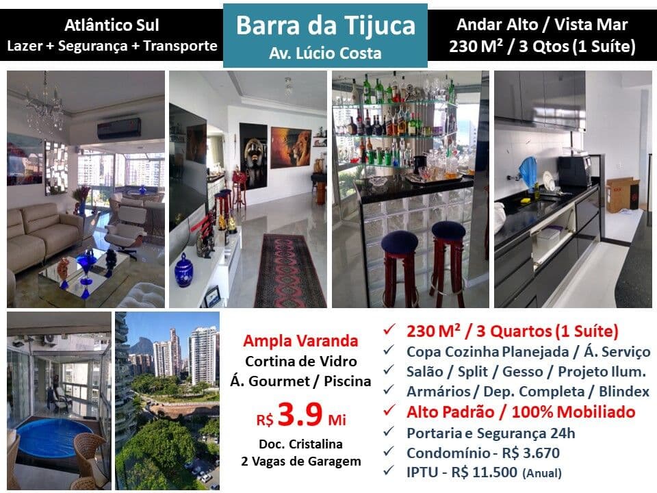 Apto Barra da Tijuca Praia Atlântico Sul 230M²