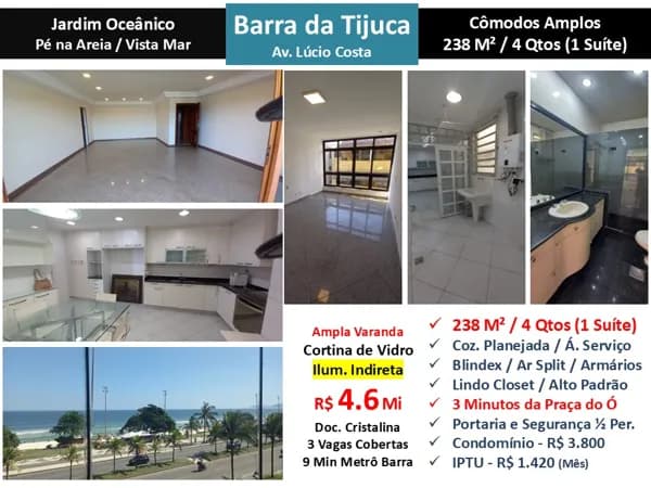 Apto Barra da Tijuca Praia JO Lúcio Costa 238M²