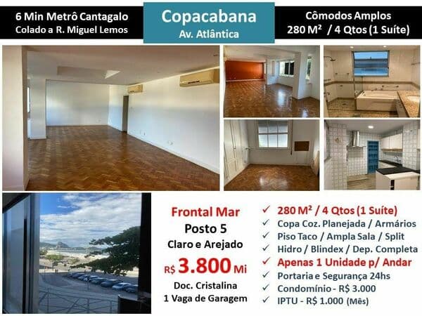 Apto Copacabana Praia Atlântica Leme 280M²