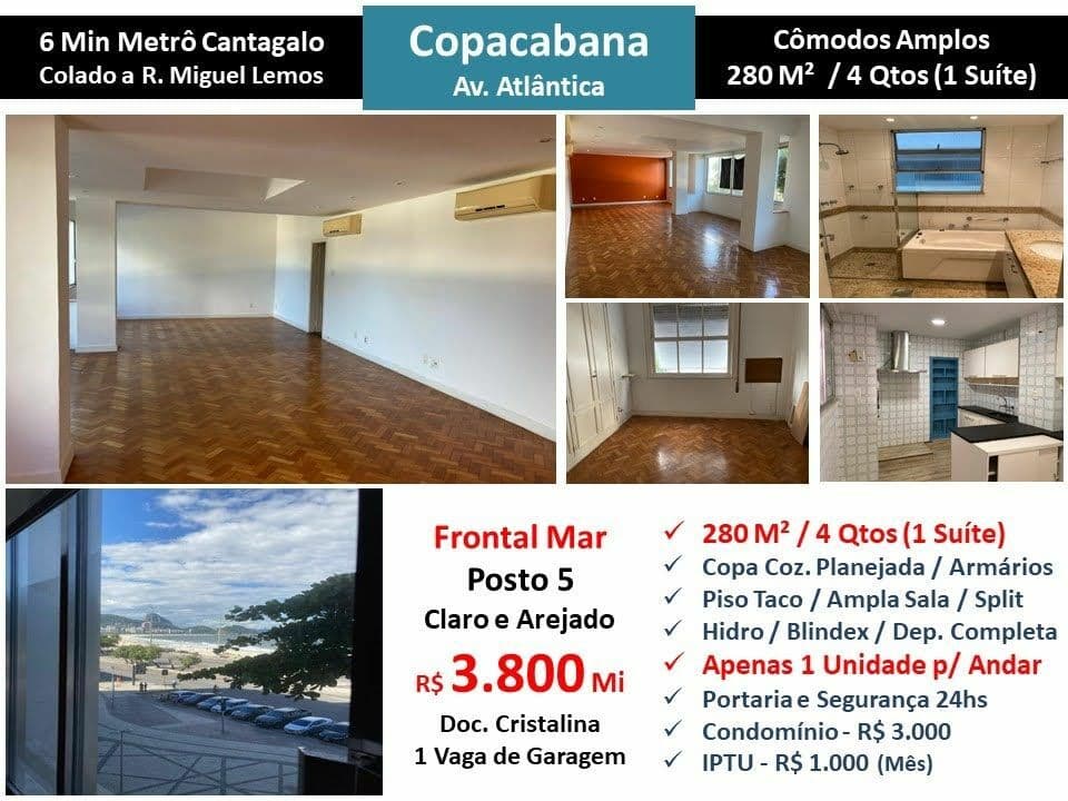 Apto Copacabana Praia Atlântica Leme 280M²