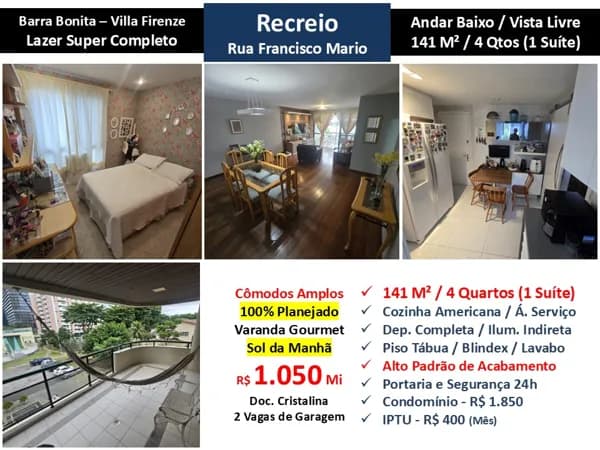 Apto Recreio Barra Bonita Villa Firenze 141M²