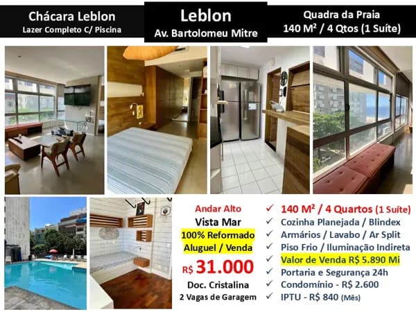 Apto Leblon Bartolomeu Mitre Chácara Leblon 140M²