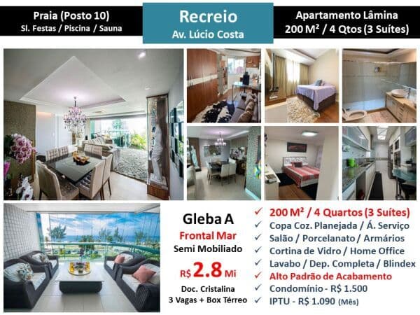 Apto Recreio Praia Lucio Costa 200M²