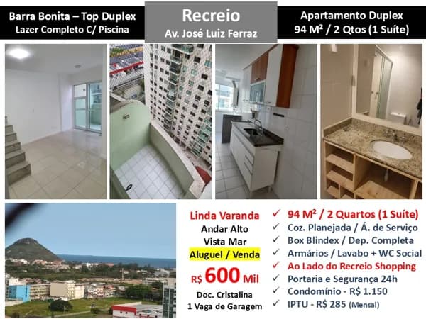 Apto Recreio Barra Bonita Top Duplex 94M²